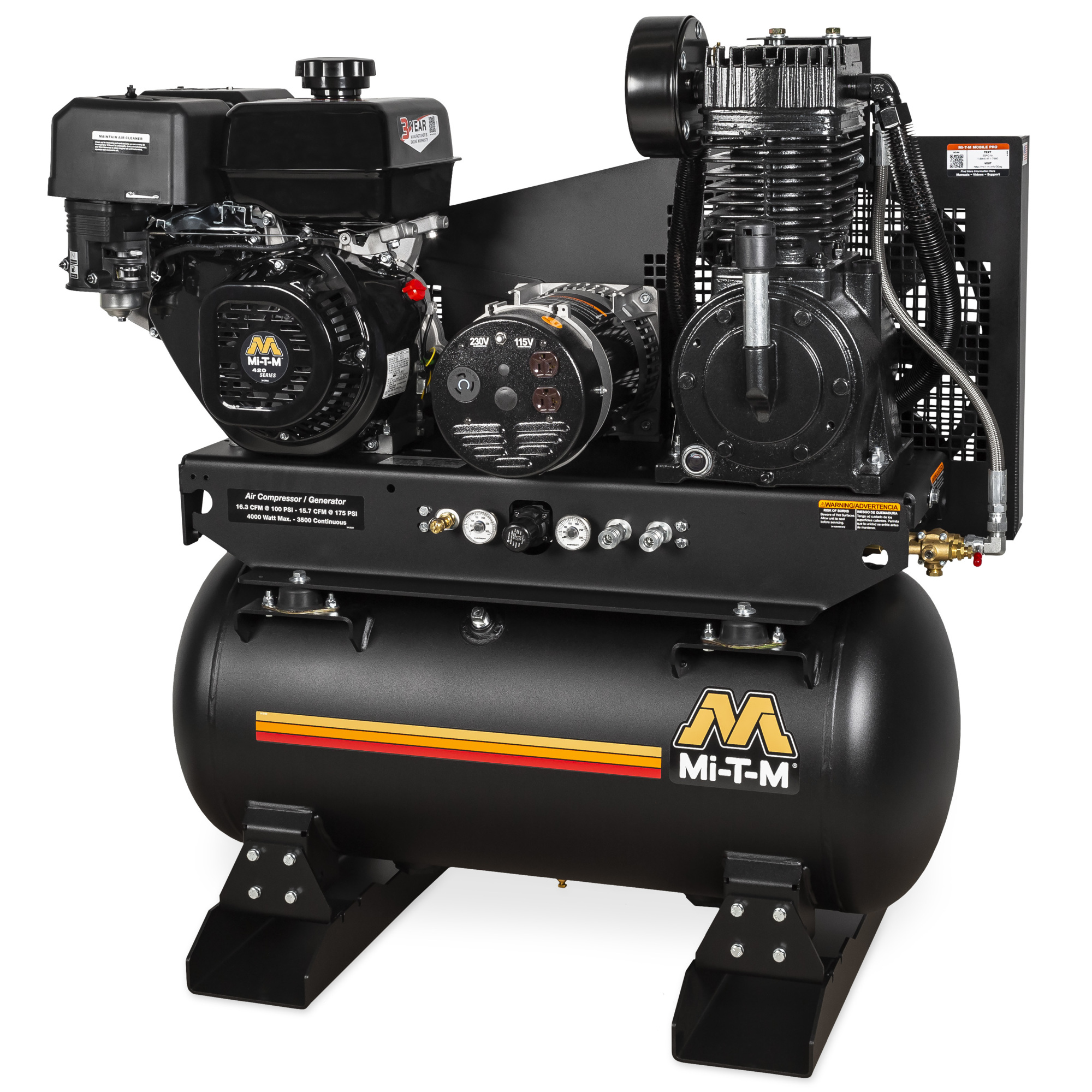 Mi-T-M Stationary Compressor Generator — 30 Gallon, Gasoline, Two-Stage, 15.7 CFM, 4000 Watts, Model# AG2-SM14-30M